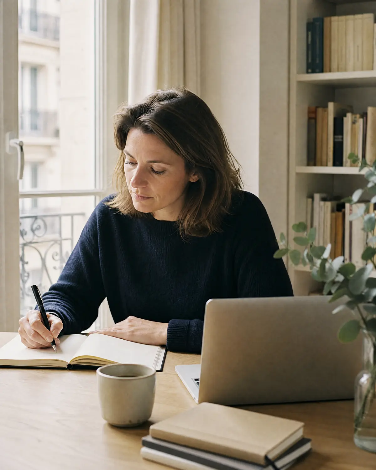 Une professionnelle prend des notes à son bureau, à côté de son ordinateur portable