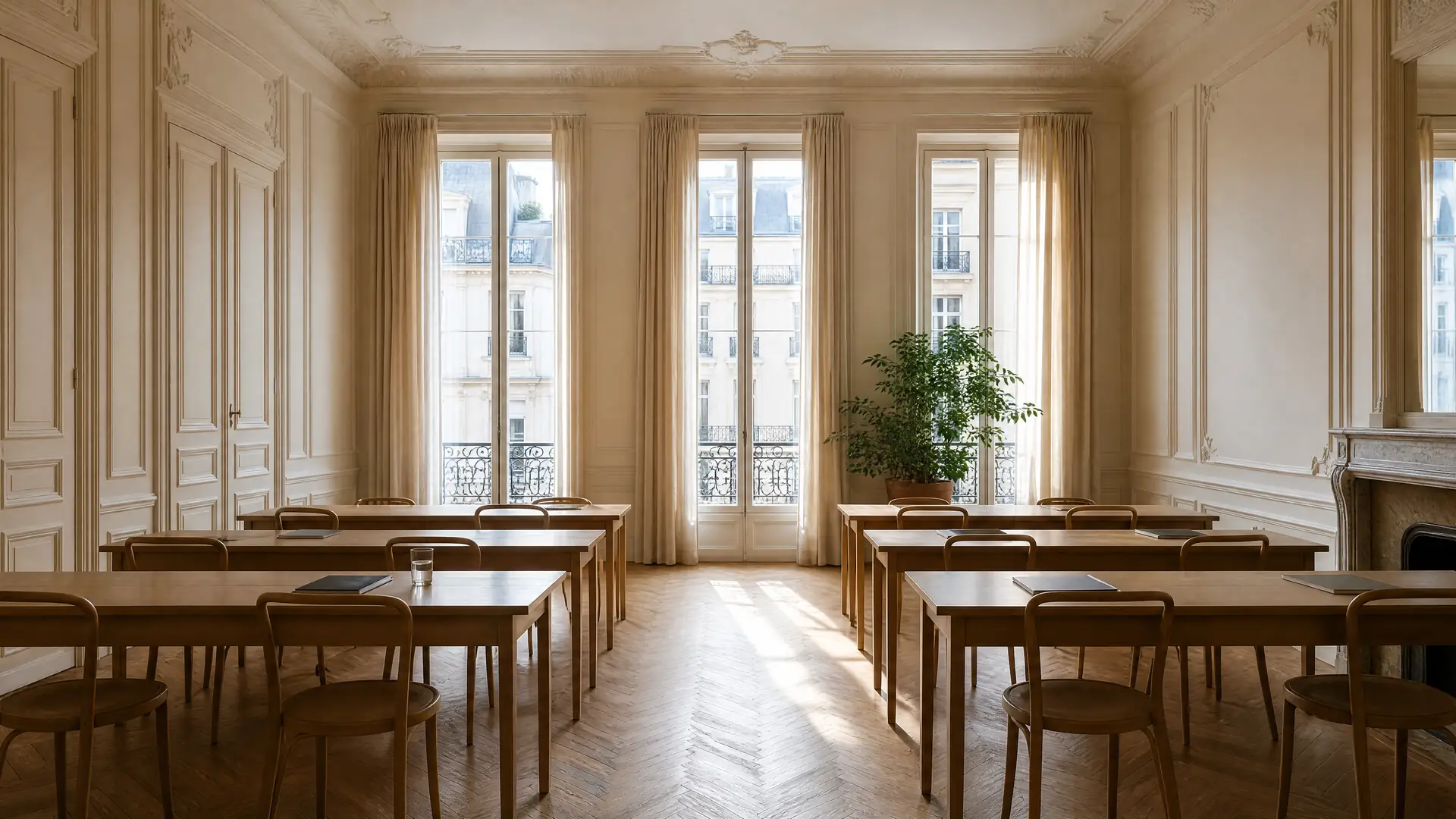 Une salle de cours claire et silencieuse, tables alignées face à de hautes fenêtres